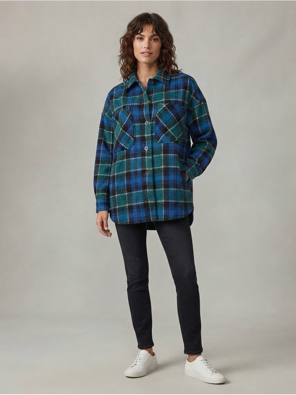 Zara Womens Plaid Wool Blend Oversized Shacket Shirt Jacket Blue Green Size S